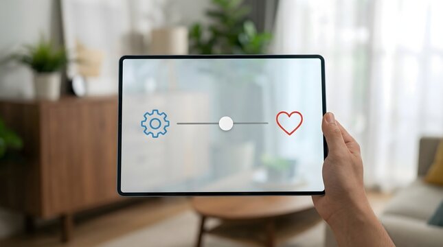 Hand holding tablet with logic versus emotion balance slider