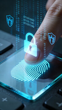 Vertical close-up of finger touching digital biometric fingerprint scanner. Cyber security and data protection concept with binary code