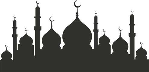 Islamic mosque skyline silhouette with domes and minarets, elegant black architecture for ramadan and religious festivals © MdMajnur