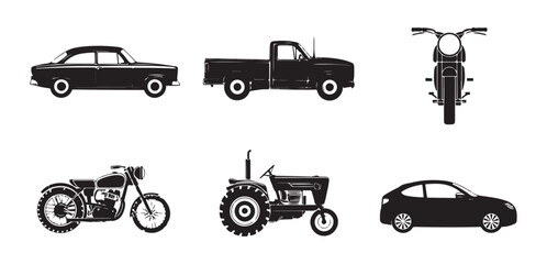 Vintage transportation silhouettes including classic car pickup truck tractor and motorcycle side views © Farik