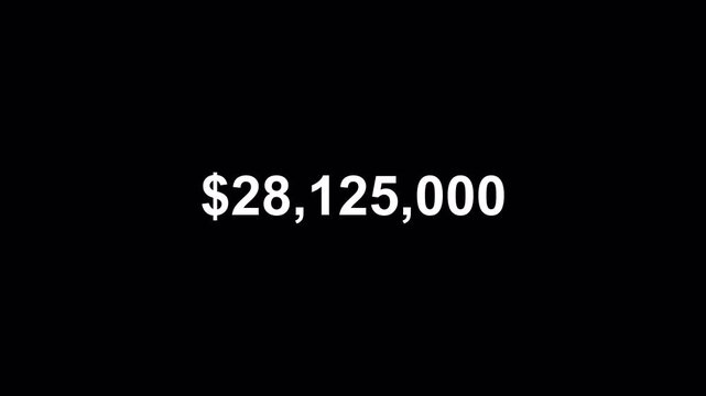 Fifty million dollar counting animation from zero to fifty million on a transparent background, 0 to 50,000,000 dollar money counter animation with alpha channel.