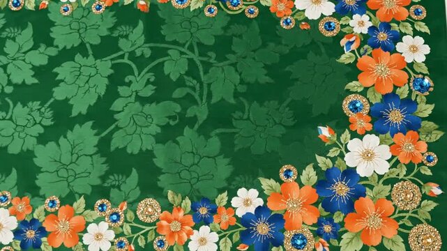 Embroidered vibrant flowers with gems on dark green fabric pattern