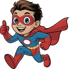 Obraz premium Cute cartoon superhero kid running with thumbs up, colorful costume, happy child character, comic style vector illustration
