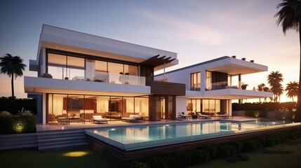 Fototapeta premium Modern luxury two-story villa with illuminated glass walls overlooking a reflective pool at sunset