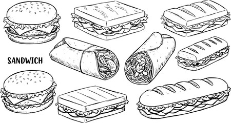 Hand-drawn line art collection of various sandwiches: burgers, wraps, submarine, panini, and classic square sandwiches. Black and white outline sketch. © evalova
