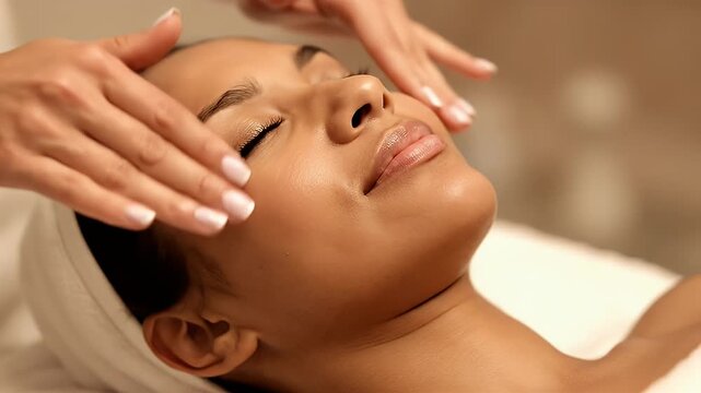 Relaxing Facial Massage for Young Woman in Spa Beauty Treatment Session with Clean Skin and Soft Hands Promoting