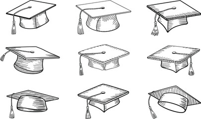 Academic graduation cap sketches and university student mortarboard vector set, for higher education and achievement © MdMajnur