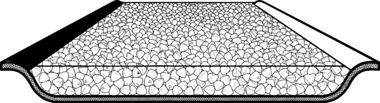 Cross section of a trench filled with coarse aggregate and lined with geotextile