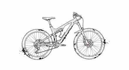 Detailed ink sketch of a full-suspension mountain bike with splattered accents © bolot