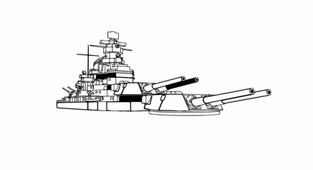 Detailed line art illustration of a powerful military warship with large guns © bolot