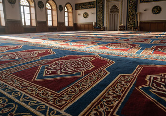 Interior Shot of Intricate Patterned Prayer Carpet in a Mosque