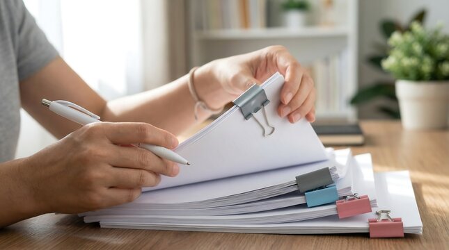 A person carefully reviews a stack of business documents on a wooden desk, secured with various colorful binder clips, signifying meticulous administrative organization and attention.