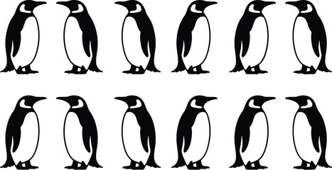 Penguin silhouettes collection vector set, black and white antarctic birds in standing poses, minimalist wildlife icons for nature designs ©  Alexander Creations
