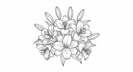 Detailed line drawing of a dense cluster of lilies with buds and open blooms