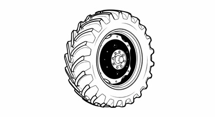 Detailed line drawing of a large tractor tire with a robust tread pattern © bolot