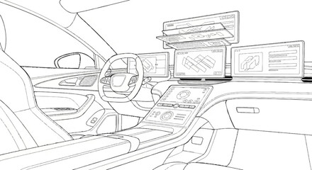 Detailed line drawing of a modern car interior with multiple screens