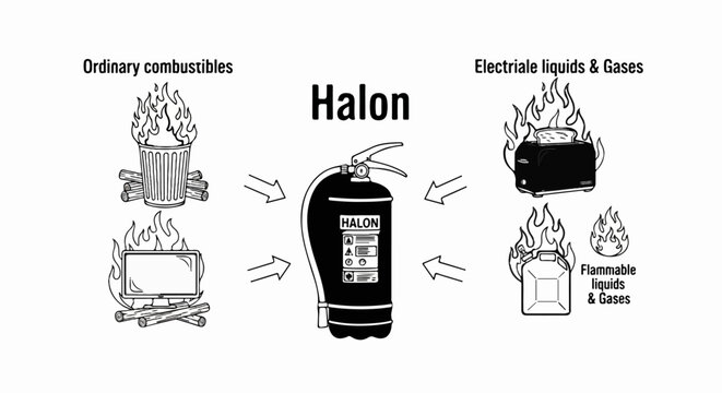 Diagram showing a fire extinguisher and different types of fires