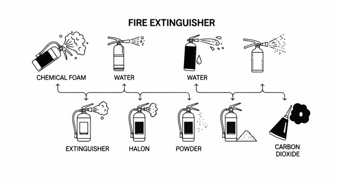 Diagrams of different fire extinguisher types and their outputs