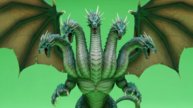 Multi-headed Dragon Creature with Wings on Green Screen
