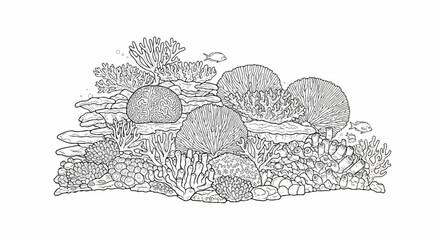 Detailed line drawing of a vibrant coral reef ecosystem with diverse marine life