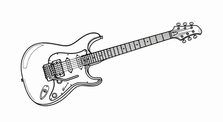 Detailed black and white line drawing of a modern electric guitar