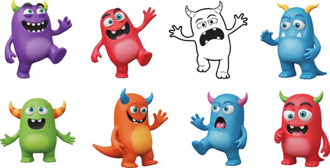 Fototapeta premium Diverse group of colorful, cartoon-style monsters with horns and varied expressions