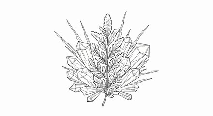 Fototapeta premium Delicate outline of a leafy sprig surrounded by geometric crystals
