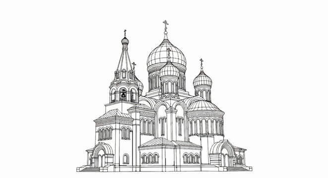 Detailed black and white sketch of a grand cathedral with multiple domes