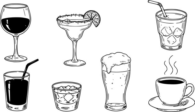 Set of hand-drawn outline vector illustrations featuring various popular beverages: wine, margarita, beer, coffee, juice, and soft drinks in different glasses.
