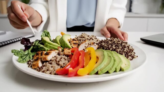 Person arranges ingredients in a grilled chicken and quinoa bowl on a white desk