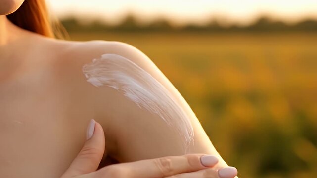 Woman Applying Moisturizing Cream to Her Shoulder in Golden Field at Sunset for Beauty Product Advertisement or
