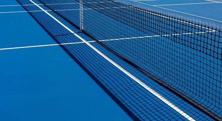 A close-up view of a blue tennis court with a black net and white lines