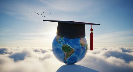 Graduation cap on globe with flying birds in blue sky education success achievement concept 3d render