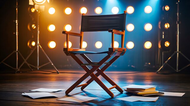 Directors chair on stage with spotlight and film production concept
