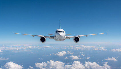 Fototapeta premium Front view of a modern commercial airplane flying high above fluffy clouds in a clear blue sky