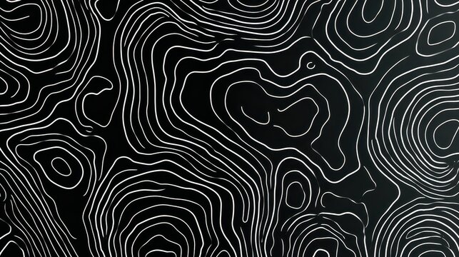 Abstract black and white topography map visualizing contour lines and a seamless geometric pattern, creating an optical illusion and a modern art design background