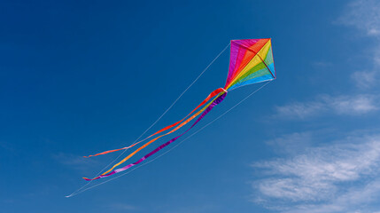 A colorful kite flies high in a clear blue sky with wispy clouds