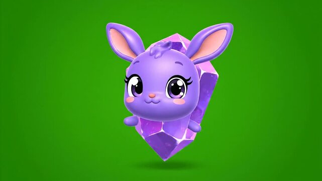 Cartoon purple rabbit character with crystal against vibrant green background