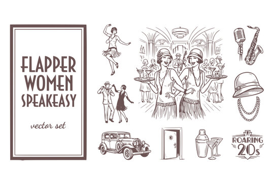 Flapper Women Speakeasy Roaring-Twenties Jazz-Age Glamour Serving-Drinks 1920s-Women Flapper-Glamour Speakeasy-Women Jazz-Age-Women Vector Set - Flapper Era