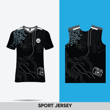 Jersey design, t-shirt design vector for football, soccer, racing, esports, running, (black and graw, light blue) with v-neck. Vector