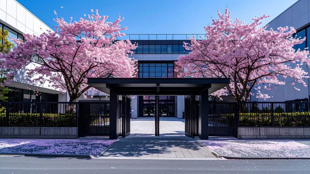 満開の桜と開かれた校門（日本の学校の入学式イメージ）
Open School Gate with Blooming Cherry Blossoms - Entrance Ceremony Concept
