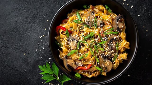 Vegan stir fry egg noodles with vegetables, mushrooms and sesame seeds, paprika garnish, top view bowl on black table background with copy space
