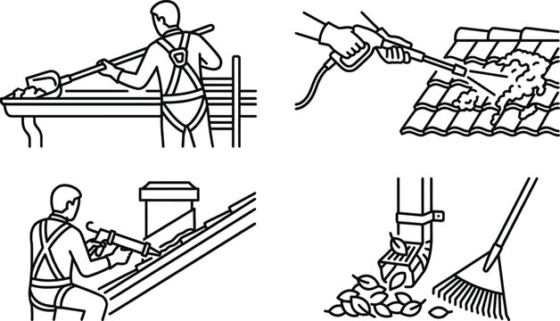 Gutter cleaning service and home roof maintenance vector illustration