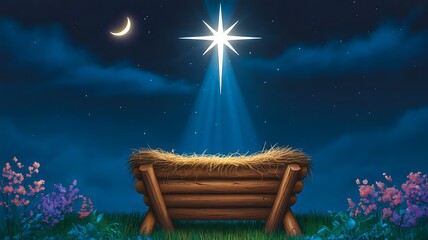 Fototapeta premium Nativity scene with manger under bright star in night sky 