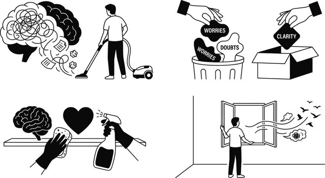 Mental health wellness concept with person cleaning mind vector