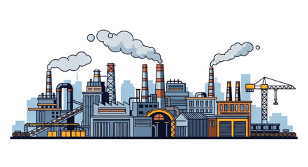 Obraz premium Industrial factory complex with smoking chimneys and cranes.