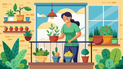 Obraz premium Woman caring for houseplants on cozy balcony, watering and arranging potted plants near window, urban gardening at home, flat vector illustration