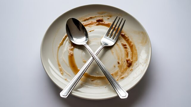Empty dirty plate with crossed fork and spoon after meal
