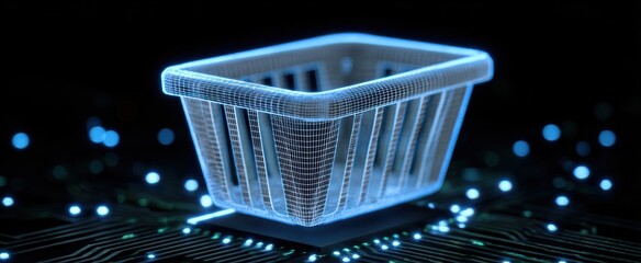 Feel the excitement of e-commerce innovation with a modern holographic wireframe shopping basket.