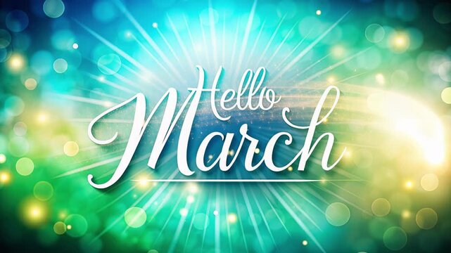 Bright hello march lettering in elegant white script on teal green bokeh background with sunburst rays and glowing circles in foreground, joyful spring greeting card concept